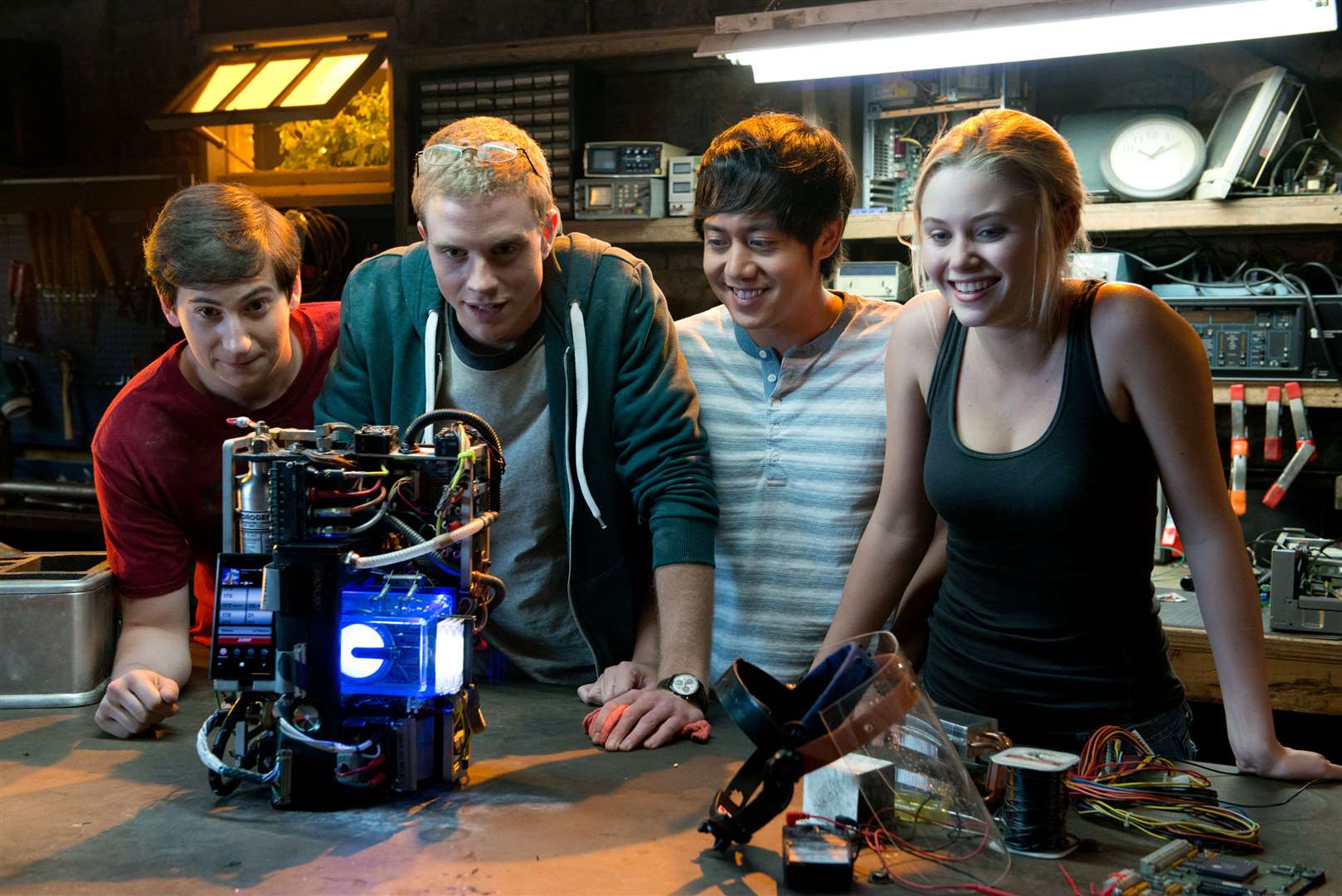 Project Almanac, with (from left): Sam Lerner as Quinn Goldberg, Jonny Weston as David Raskin, Allen Evangelista as Adam Le and Virginia Gardner as Christina Raskin. Picture: PA Photo/Guy D`Alema/Paramount Pictures