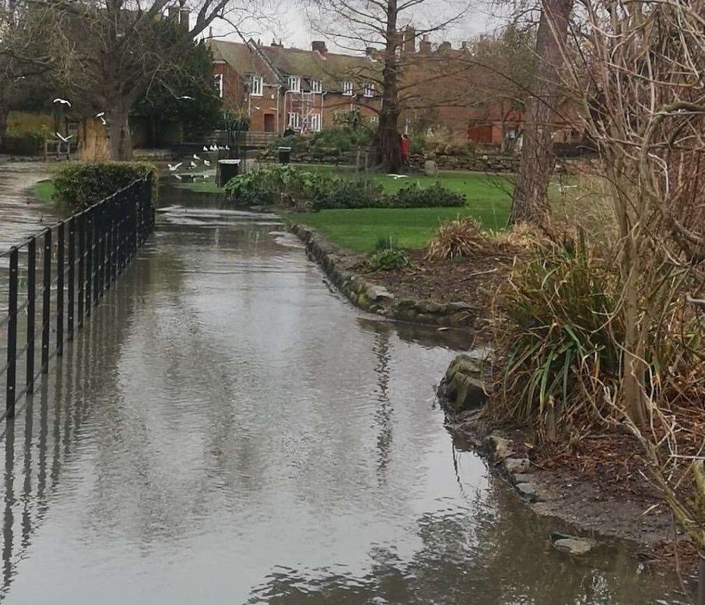 The River Stour has burst its banks at Westgate Gardens in Canterbury. Picture: Mark Chandler