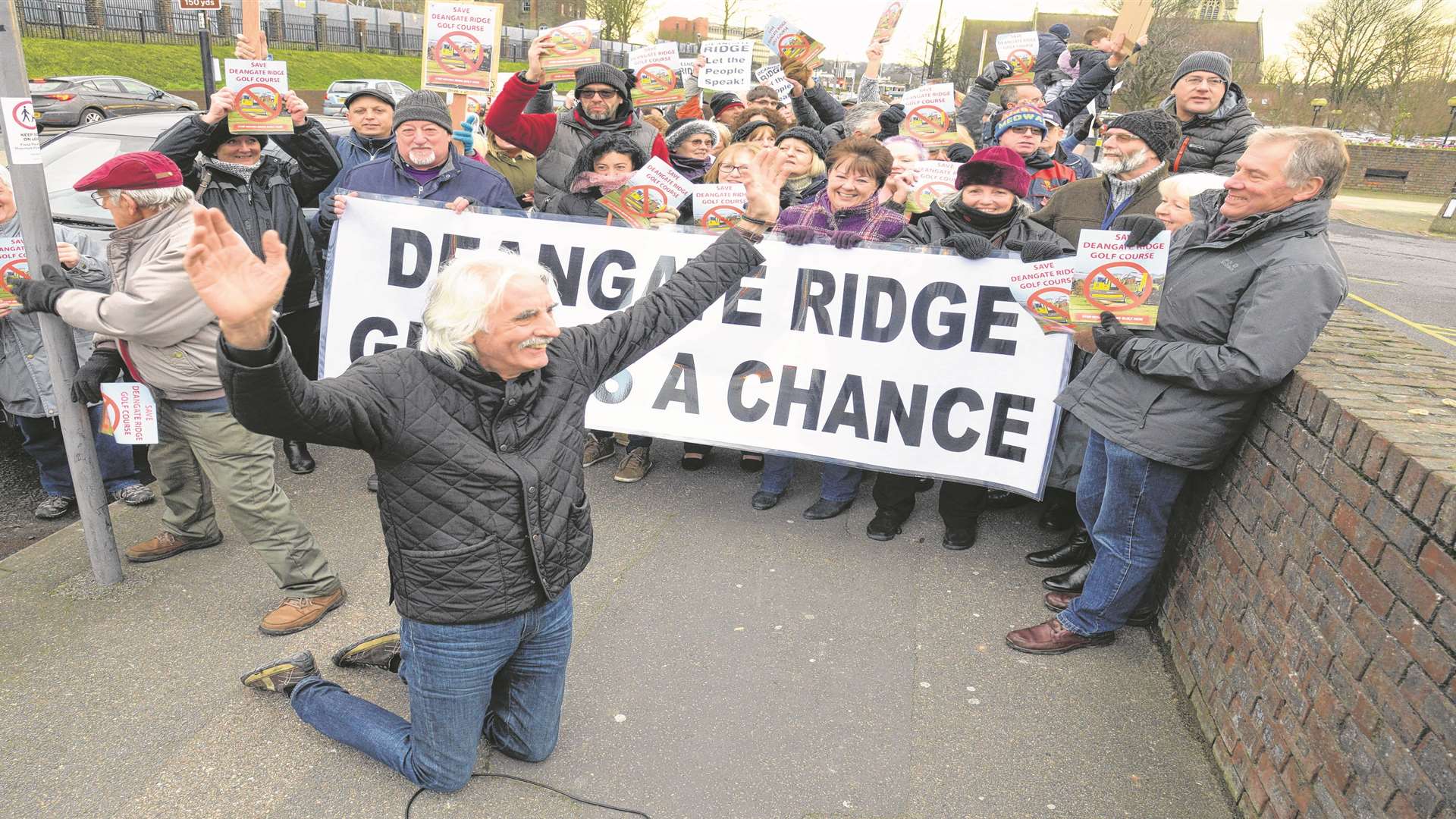 Chair of High Halstow parish council, George Crozer leads the protest against the closure of Deangate Ridge Golf Course outside the Medway Council offices in Gun Wharf. Picture: Chris Davey