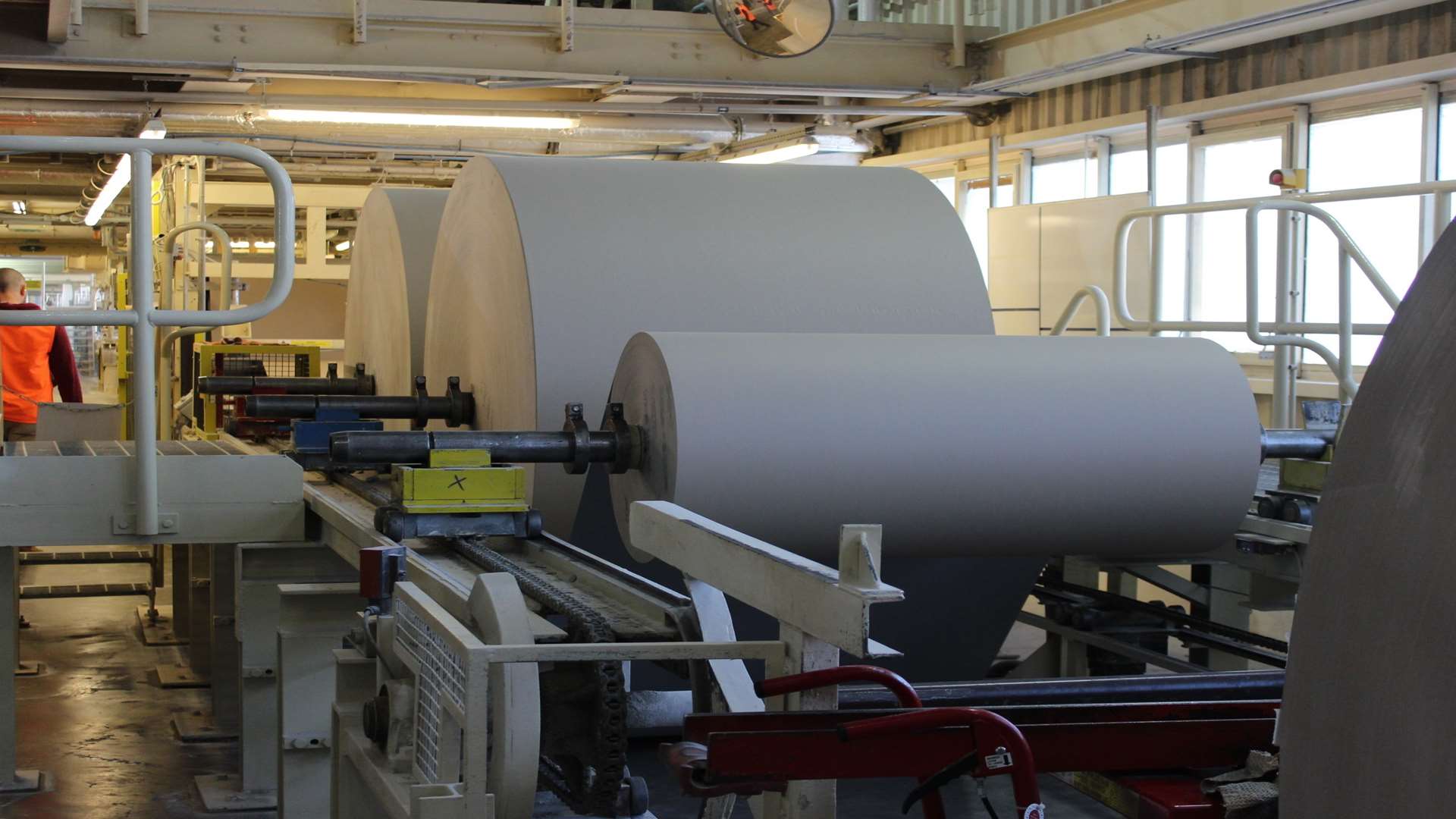 Giant rolls of paper from the neighbouring DS Smith paper mill are needed to make plasterboard