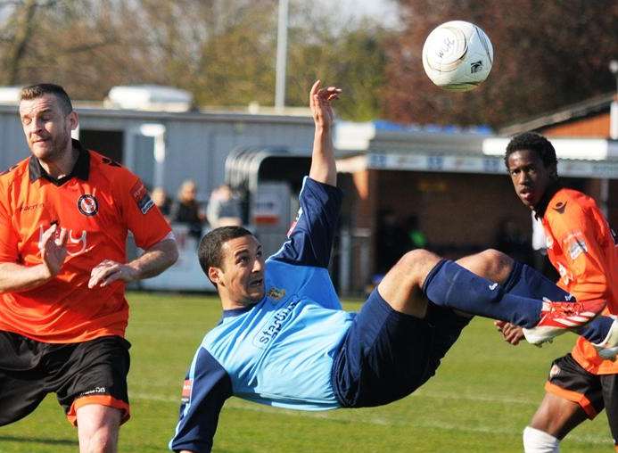 Hicham Akhazzan tries the spectacular as Brickies bounced back from their 7-1 thrashing at the hands of Burgess Hill with a 3-2 win over Walton Casuals Picture: Ken Medwyn
