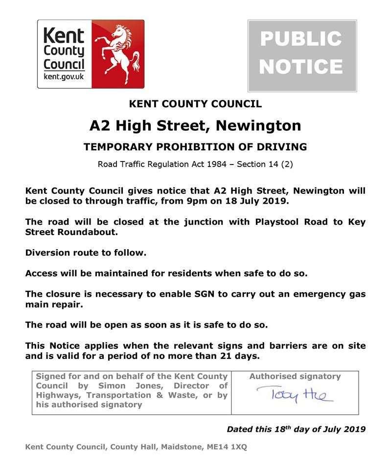 Road closure notice for A2 at Newington (14022940)