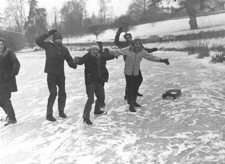 Youngsters make the most of the big freeze in Mote Park lake during the dreadful winter of 1963.