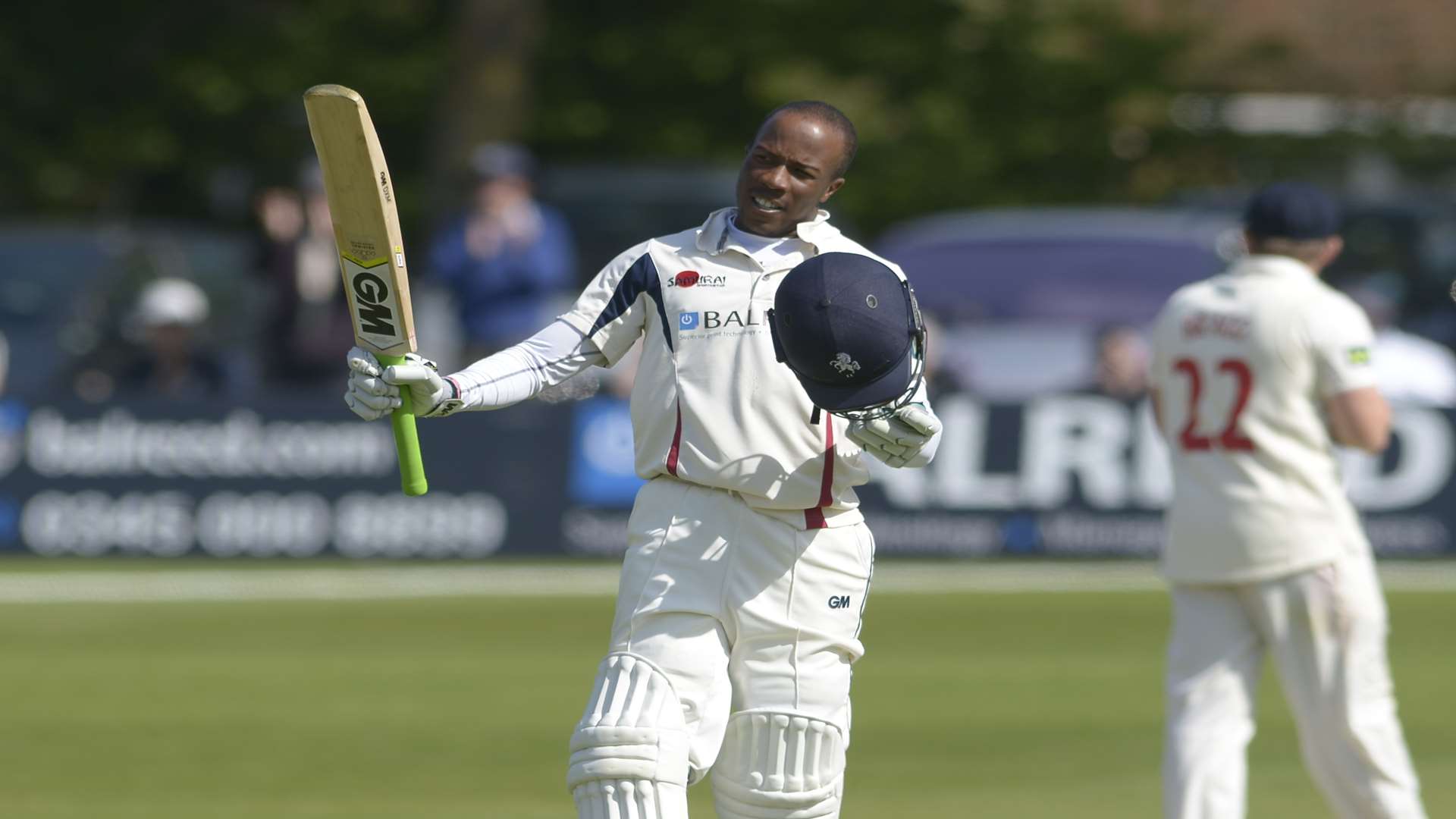 Daniel Bell-Drummond celebrates his century against Glamorgan. Picture: Barry Goodwin.