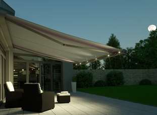 Awnings are ideal for any type of weather and can be electronically folded away smoothly. They feature adjustable lighting - perfect for a romantic evening spent outside.