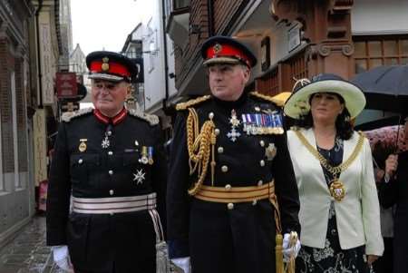 The Lord Lieutenant, Allan Willett, left, with Gen Sir Richard Dannatt and the Lord Mayor, Cllr Carolyn Parry, at the TA centenary parade