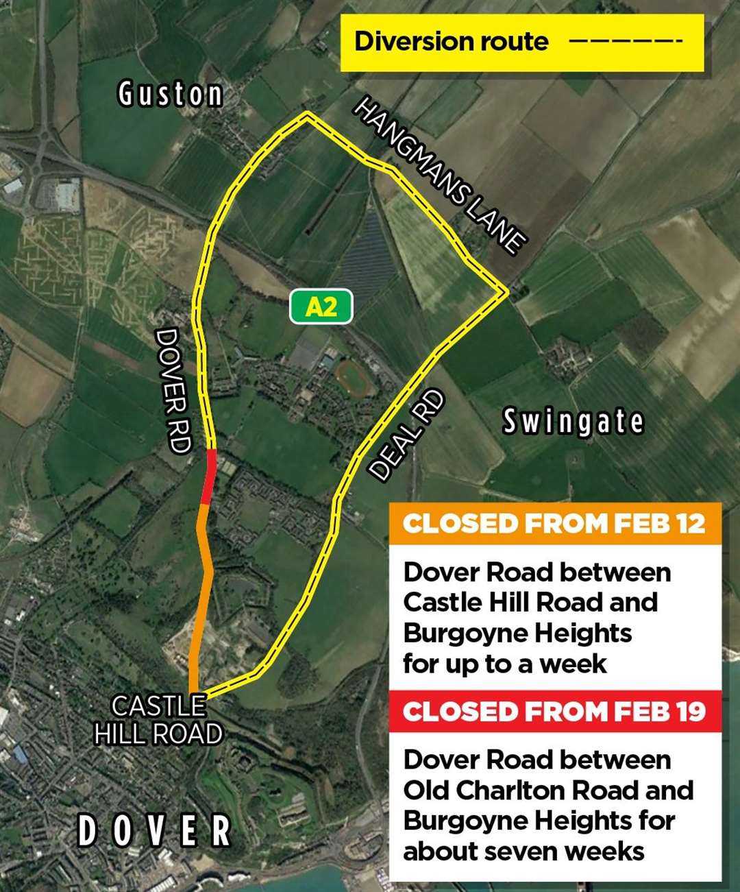 The area of Dover Road, Guston, affected by road closures and the recommended diversion route