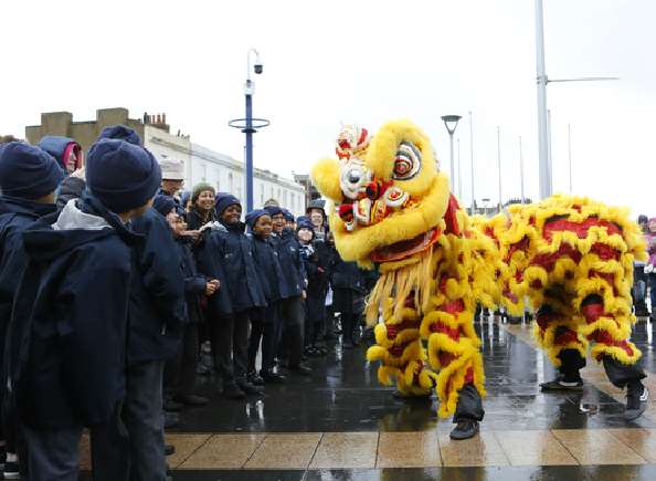 The Year of the Dog was kicked off in the Gravesend with a Chinese New Year dragon performance.