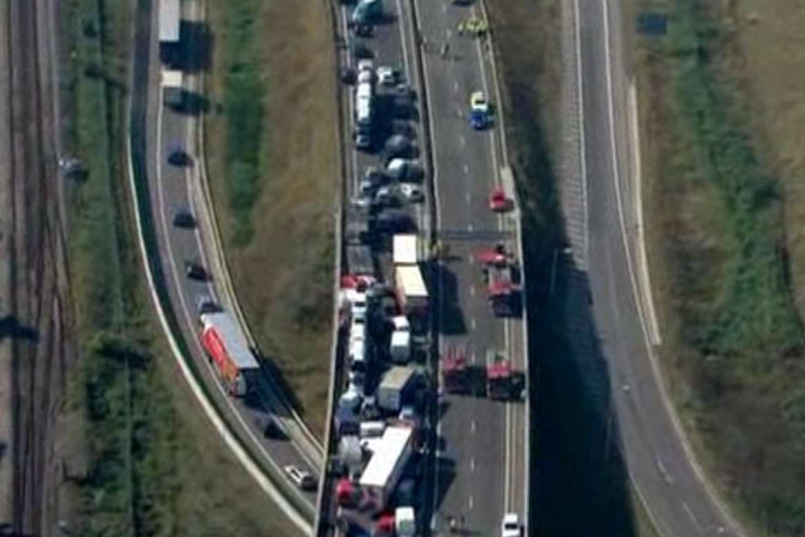An aerial image of the "carnage" on the Sheppey Crossing. Picture: Sky News