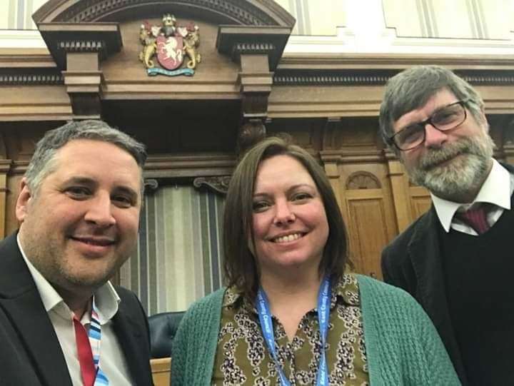 KCC Green Party leader Rich Lehmann with Cllrs Jenni Hawkins and Mark Hood after their banning motion was passed at County Hall