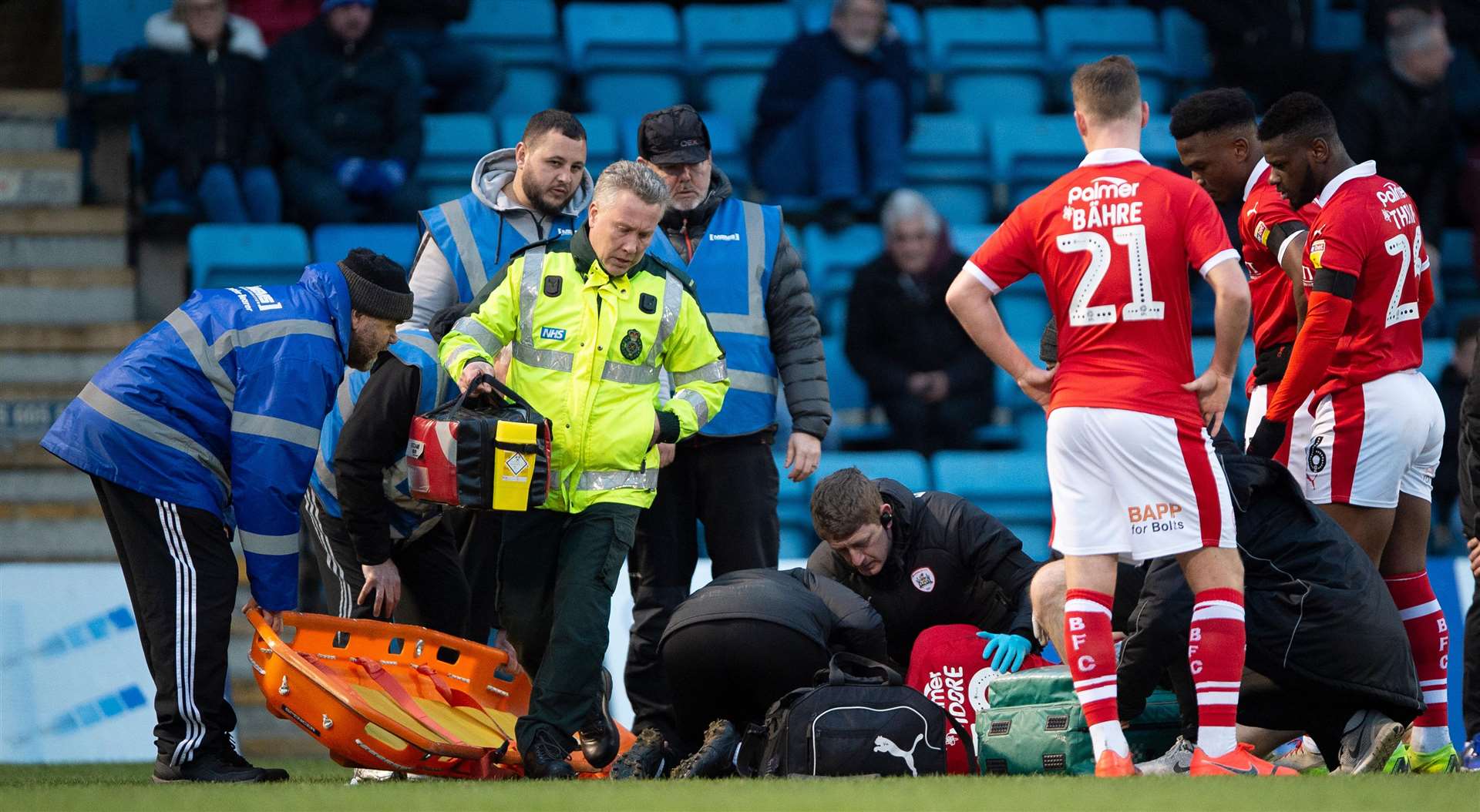 Concern for Tykes striker Kieffer Moore, who was taken to hospital after colliding with Gabriel Zakuani Picture: Ady Kerry