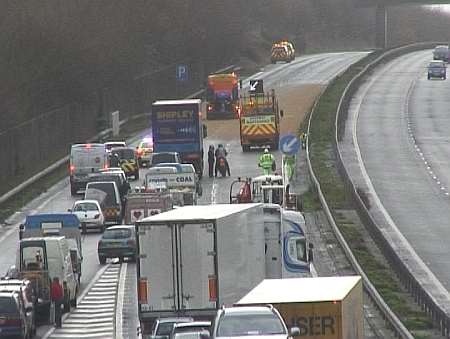 Traffic backs up near the scene of one of the crashes on the A2 near Canterbury
