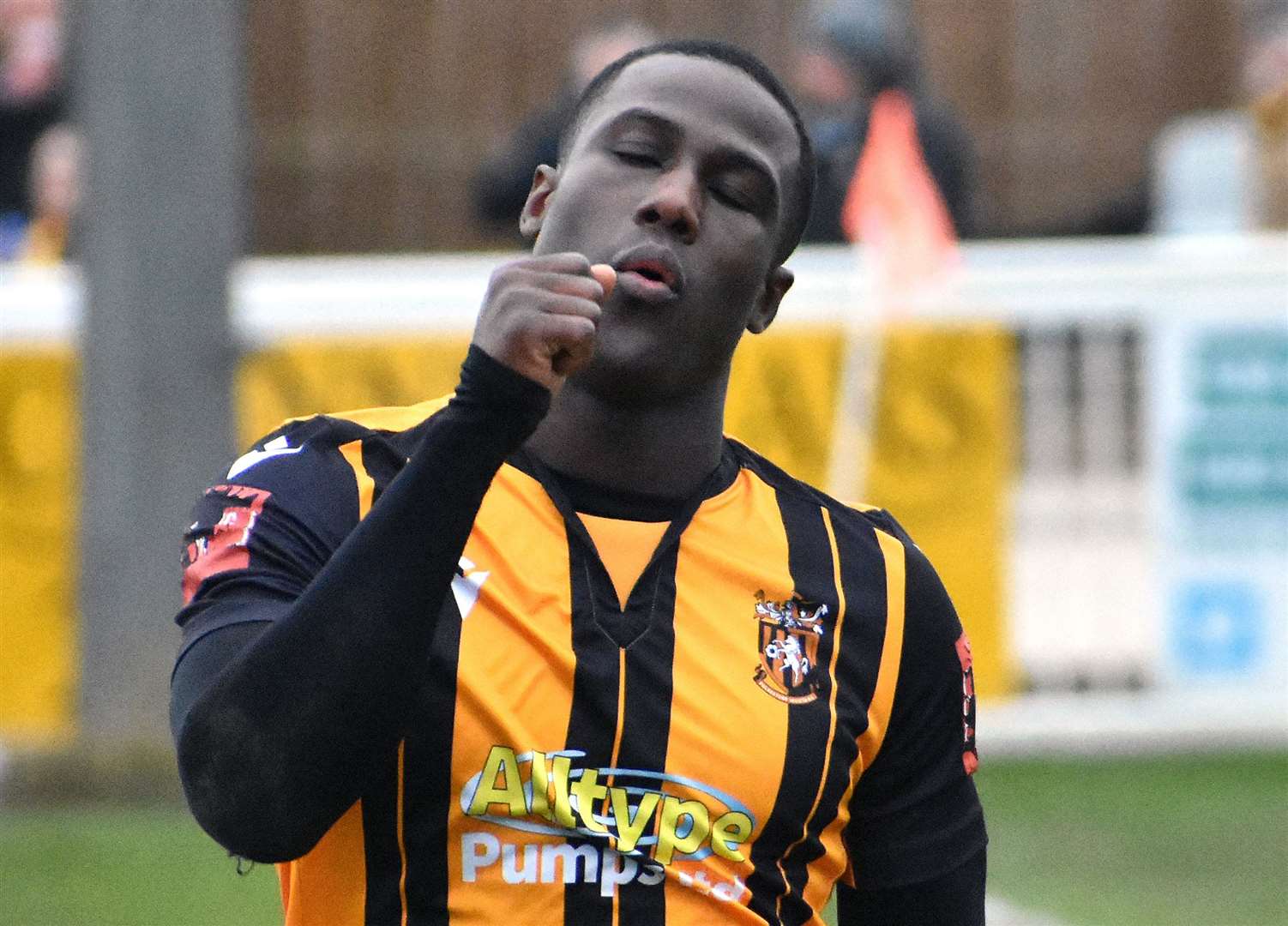 Folkestone's Ade Yusuff celebrates scoring against Hornchurch recently. He joined them last week and scored on his debut Picture: Randolph File