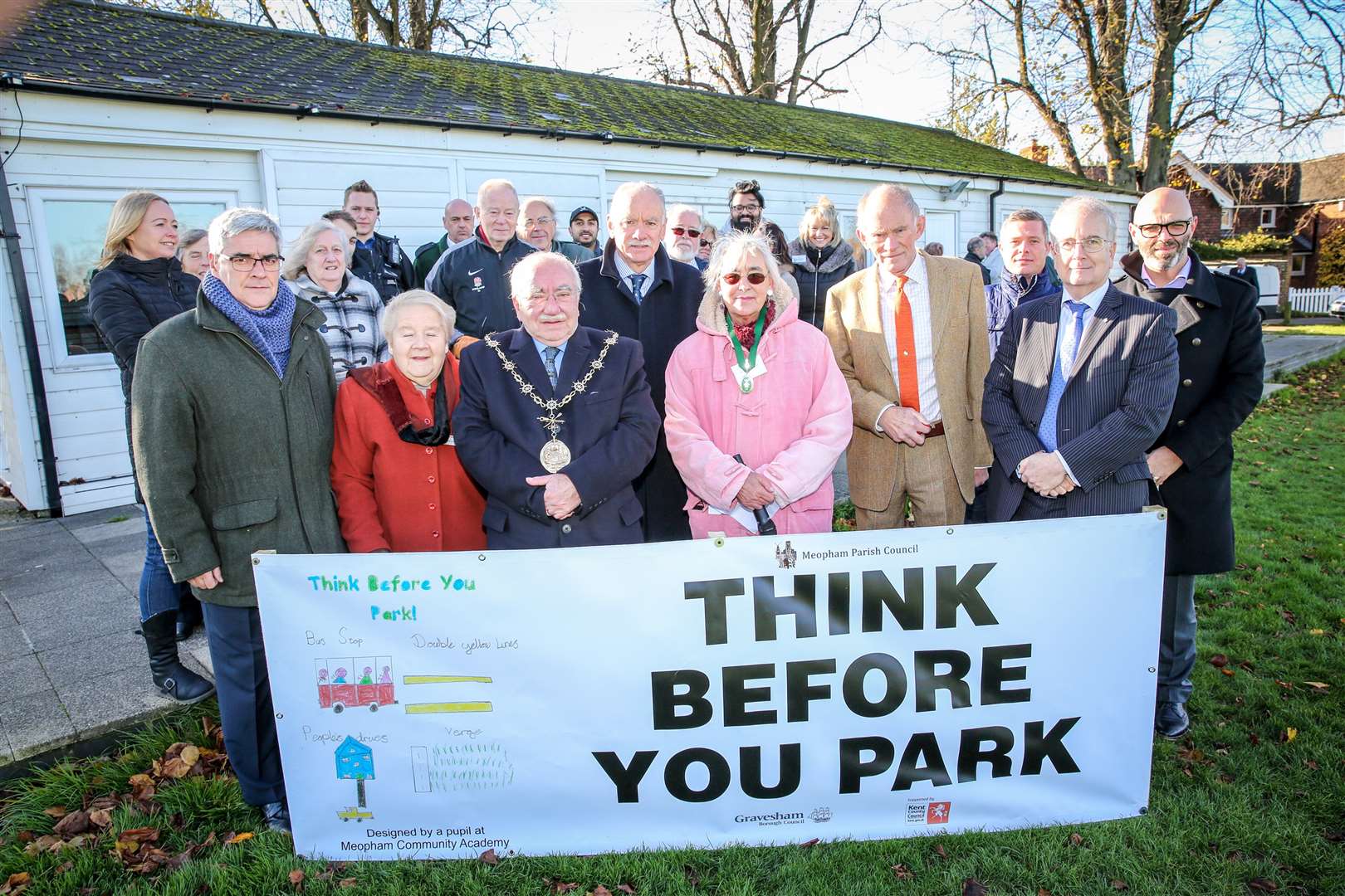 Launch of Parking Safety Campaign, Meopham Cricket Pavillion. Group shot including Mayor of Gravesham Cllr Harold Craske, KCC Cllr Brian Sweetland, chairman of Meopham Parish Council Sheila Buchanan, and David Brazier KCC cabinet chairman.