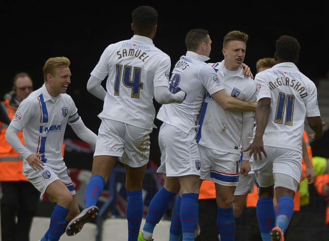 Gills celebrate Luke Norris' equaliser against Southend. Picture: Barry Goodwin