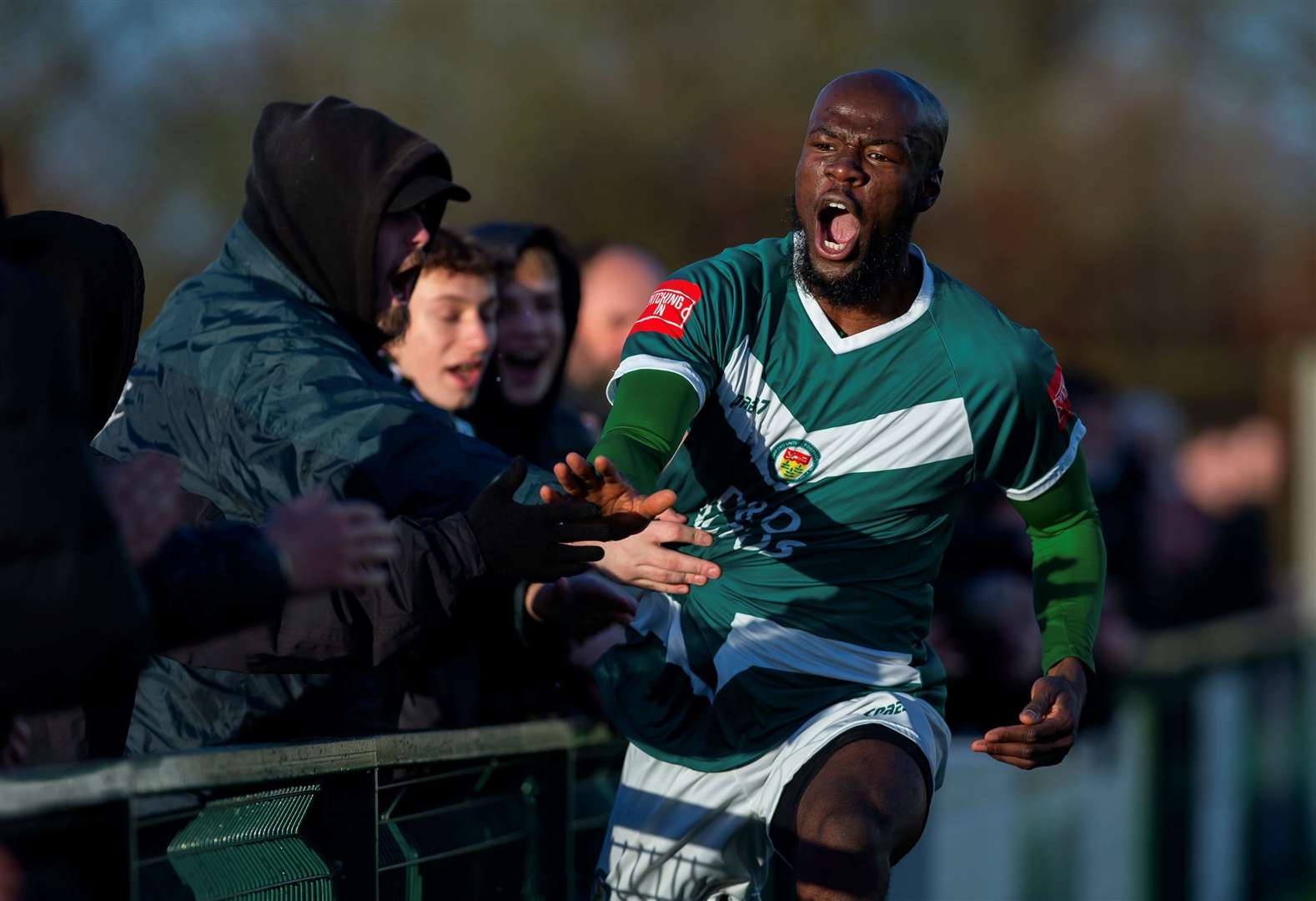 Delight for Tolulope Jonah after putting Ashford 2-1 up against Horndean. Picture: Ian Scammell