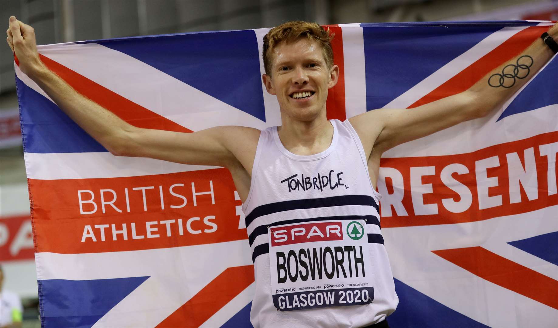 Tom Bosworth celebrates winning the 5km walk at the British Athletics Indoor Championships in 2020. Picture: Reuters/Russell Cheyne