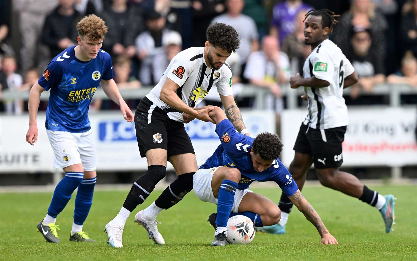 Maxwell Statham battles for Dartford in their National League South Play-off Semi-Final. Picture: Keith Gillard