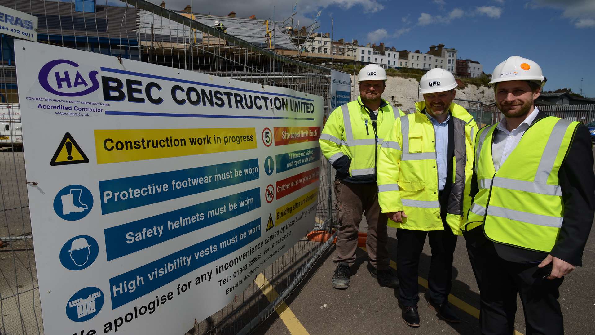 From left, site manager Andy Louch with BEC director Robert Barlow and Vattenfall project director Matthew Green at the Kentish Flats site office extension in Ramsgate harbour