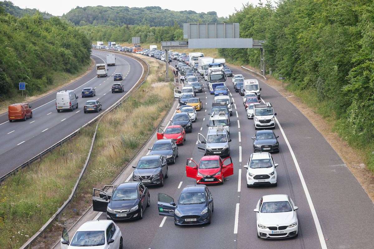 Lengthy queues on the clockwise carriageway after the tanker fire on the M25. Picture: UKNIP