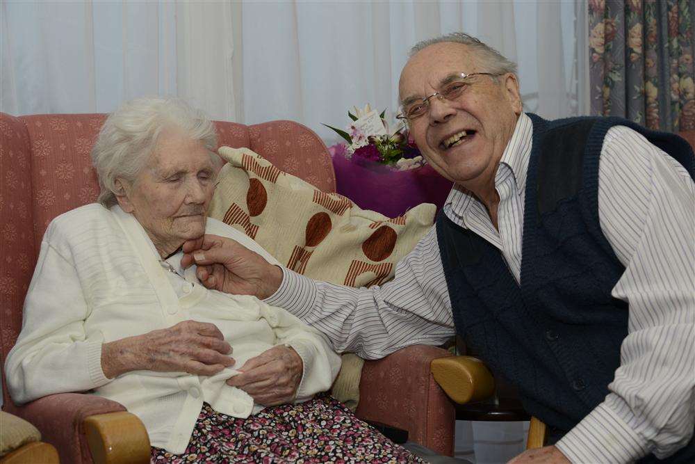 Edith Gosden celebrates her 102nd birthday with her nephew Cyril Webb