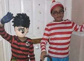 Tyler and Tayo dressed up as where's wally and Dennis the Menace for world book day at Barnsole School