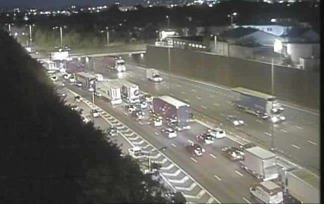Traffic heading towards the Dartford tunnel Kent side due to the car fire. Picture: National Highways