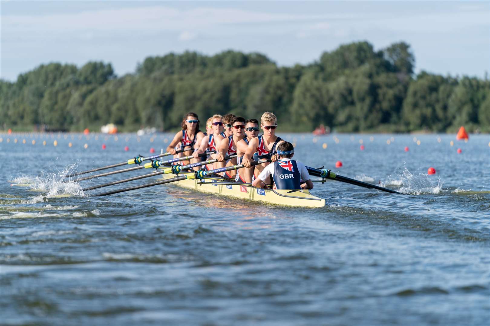 Freddie Allinson, immediately in front of the cox, helps Great Britain to glory at the U23 European Championships in Poland Picture: AllMarkOne