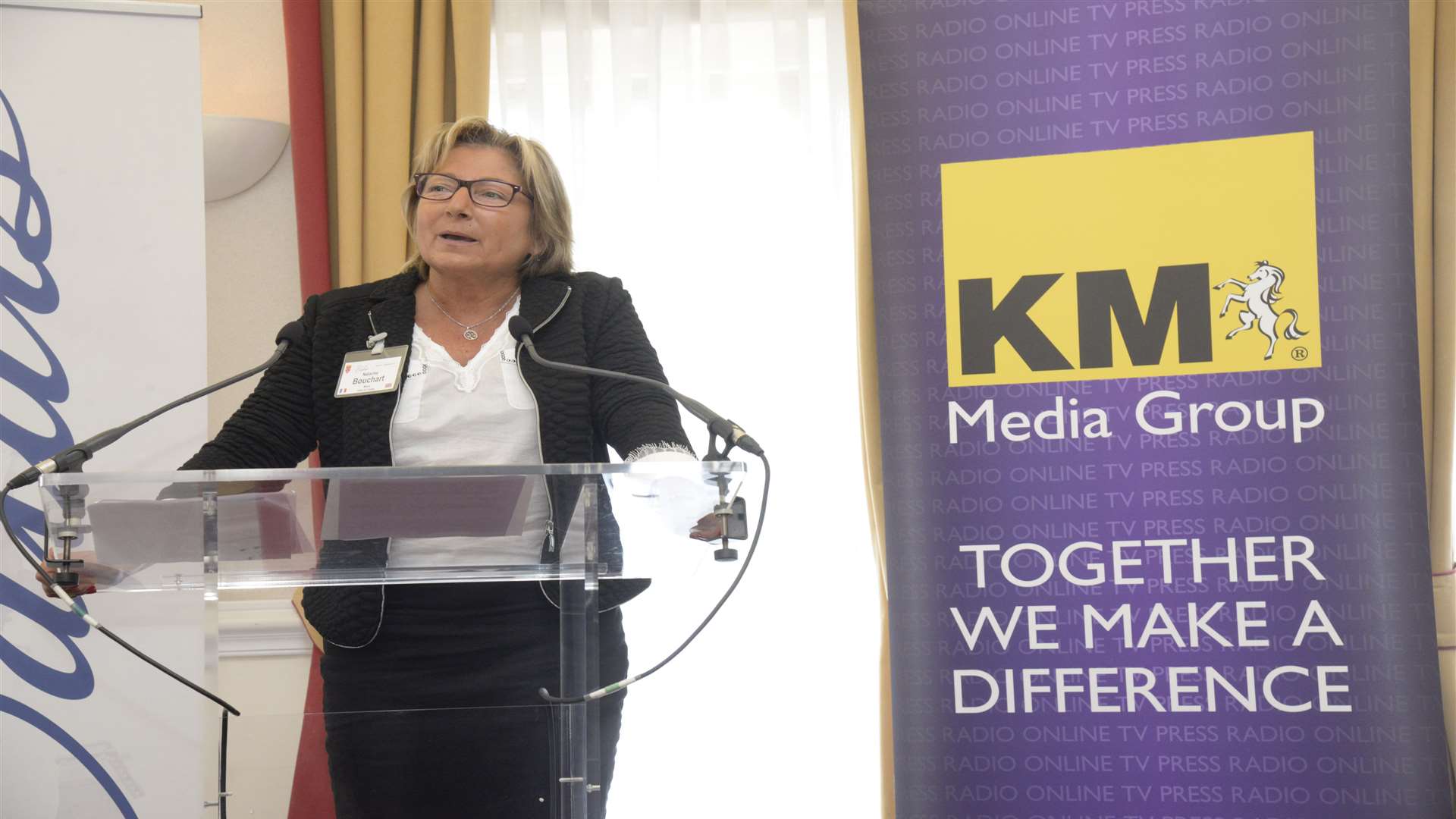 Mayor of Calais Natacha Bouchart speaking at the reception for Kent businesses at the Holiday Inn, Ashford