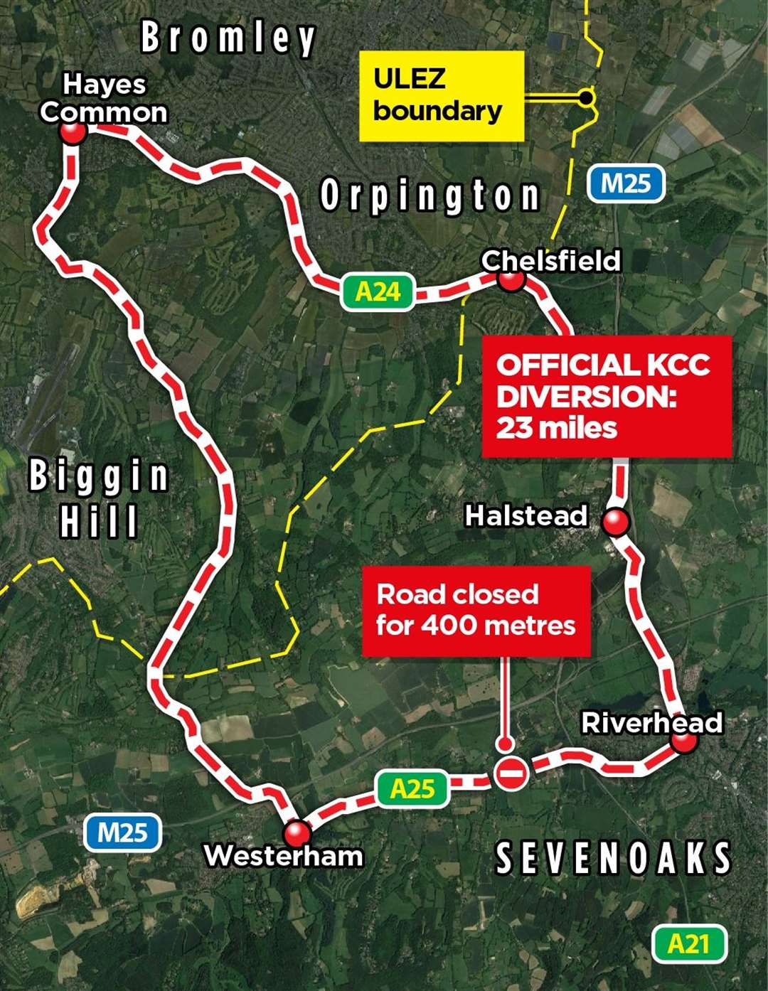 Official detour given to avoid 400m closure on A25 Main Road in Sundridge