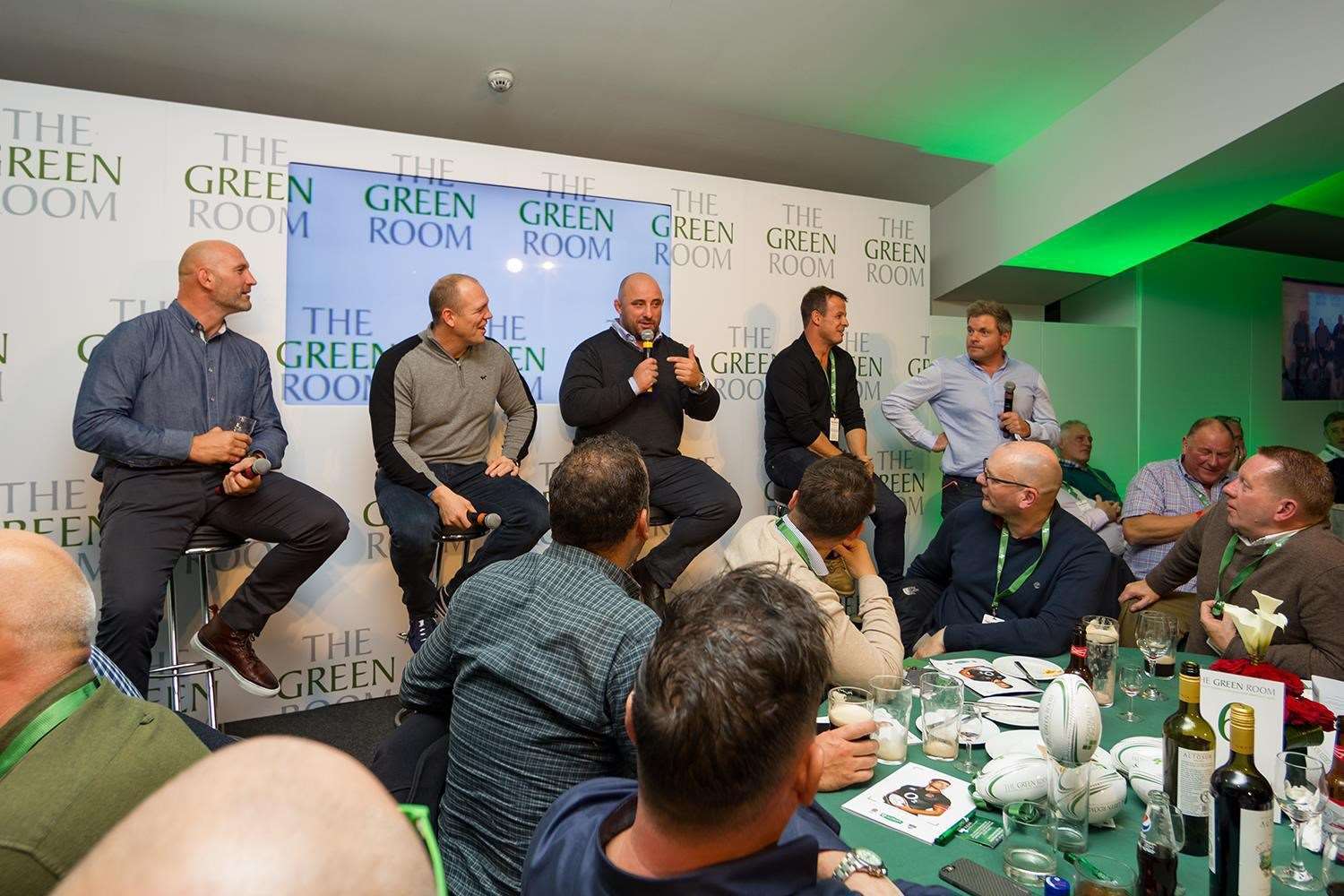 A Hospitality Finder Green Room experience with, from left, England rugby stars Lawrence Dallaglio, Mike Tindall, David Flatman, Austin Healey and compere Mark Durden-Smith