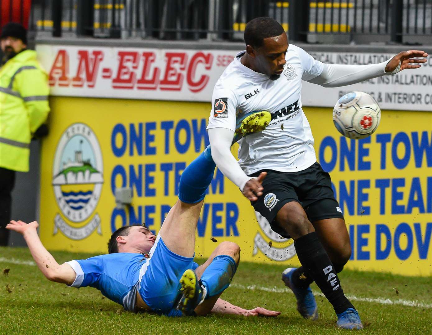 Dover's Anthony Jeffrey forces his way through against Harrogate Picture: Alan Langley