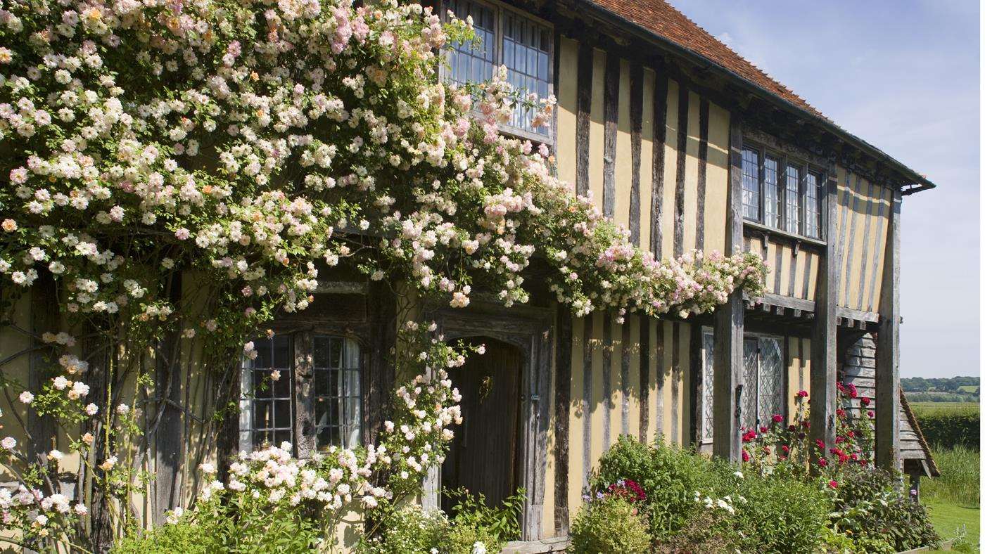Roses climbing over the early sixteenth-century half-timbered house, Smallhythe Place, the home of actress Ellen Terry at Tenterden, Kent