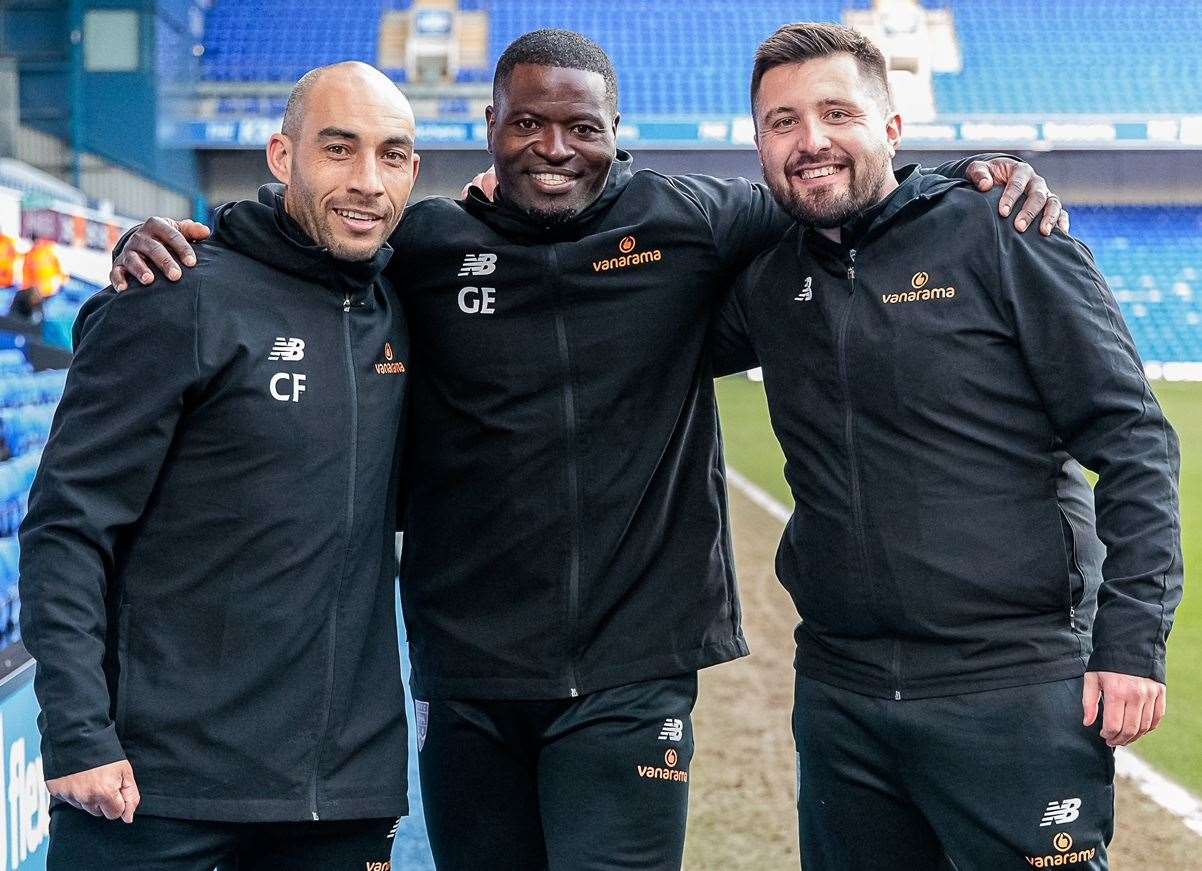 Maidstone United manager George Elokobi, centre, with assistant boss Craig Fagan and head of recruitment Zach Foster-Crouch. Picture: Helen Cooper