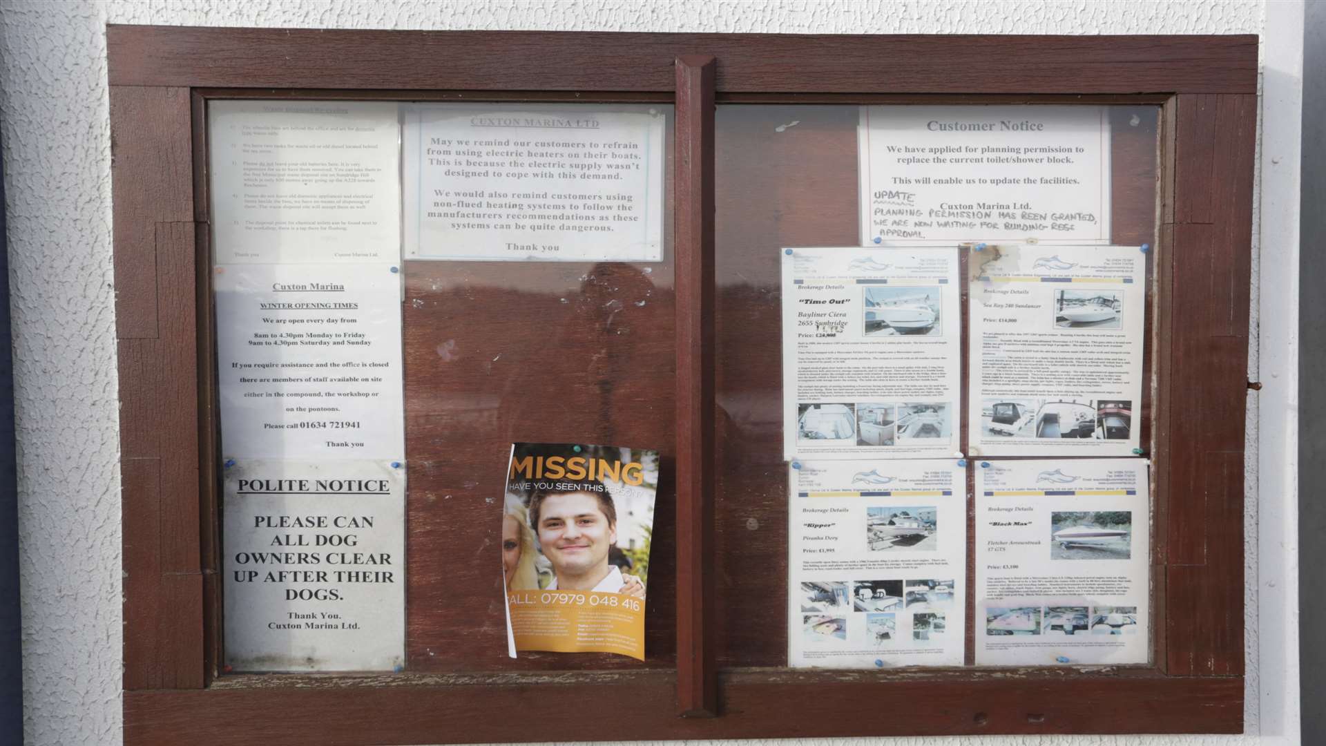 The noticeboard at Cuxton Marina displayed a poster appealing for information after Pat Lamb's disappearance.