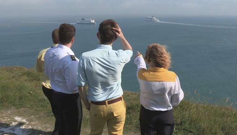 Staff from P&O Ferries give Gareth Malone a good view of the Channel from the cliffs.