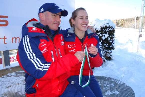 Lizzy Yarnold with her coach Mark Wood. Picture: Nigel Laughton