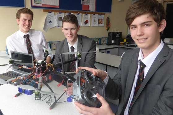 Lukas Ratcliffe, 17, Ben Loxton, 17, and Nathan Davey 16 from The Skinners' School, Tunbridge Wells with their AESOP project which will be showcased at the KM Bright Spark Awards.