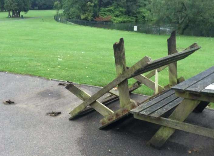 An A-shape bench has been turned over and smashed in the attack on one of Dover's beauty spots, Kearsney Abbey
