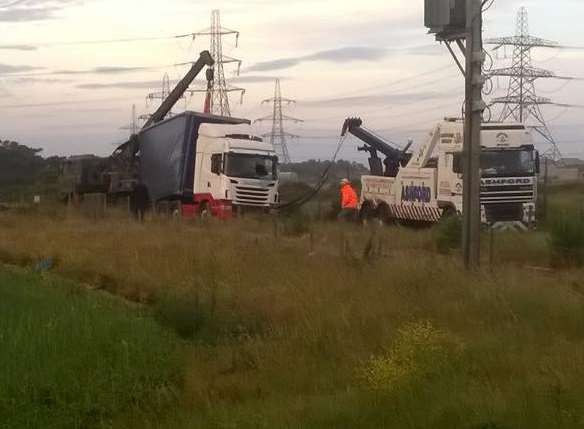 The lorry was lifted upright just after 8pm. Picture: Jake Iszard
