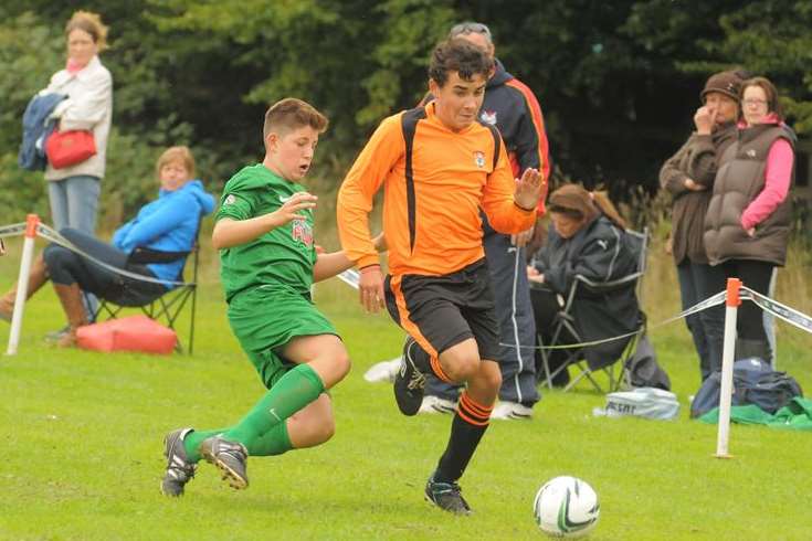 Lordswood Youth under-14s (tangerine) in action against New Ash Green