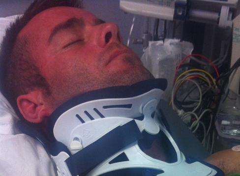 Trevor McBean in hospital after his near-fatal fall