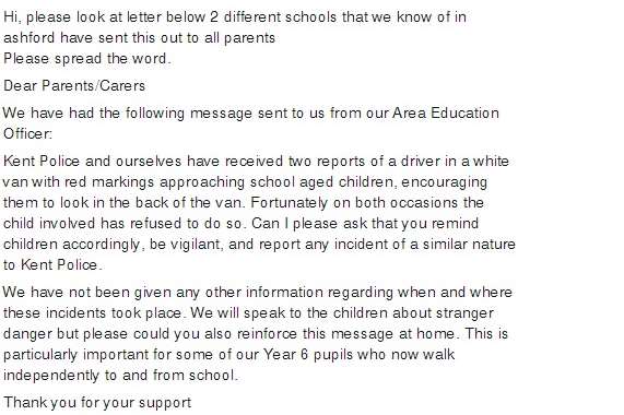 A letter sent to parents in Ashford after a stranger danger scare