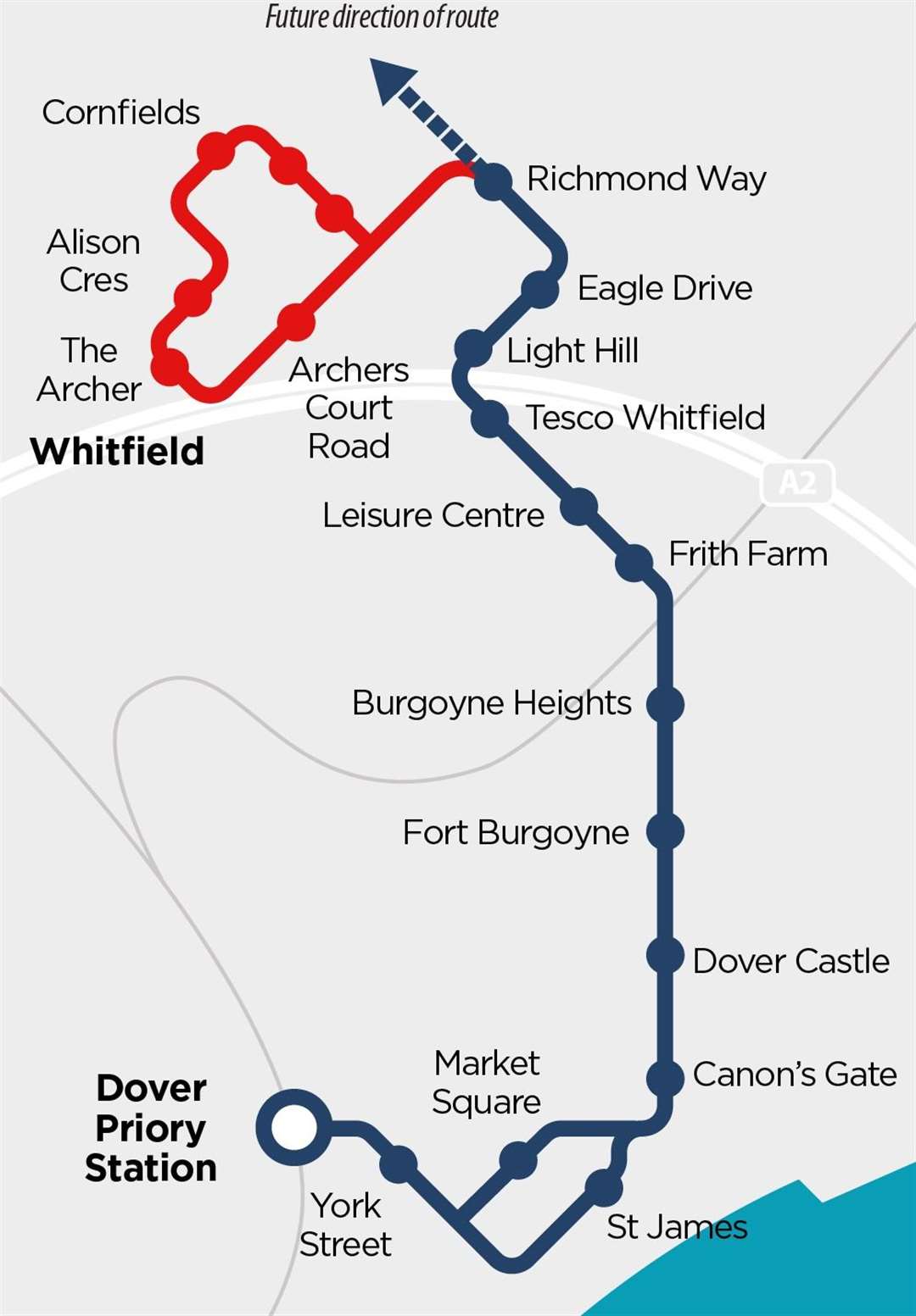 A map showing where the Dover Fastrack route is set to run