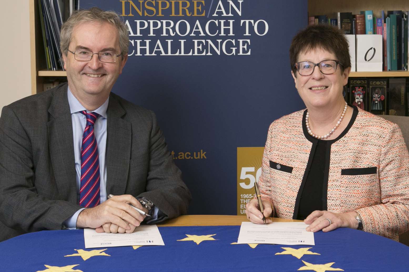 Jonathan Taylor of European Investment Bank with University of Kent vice-chancellor Professor Dame Julia Goodfellow
