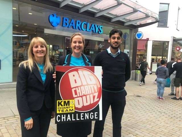 Debbie Tucker, Claire Marsh and Alex Sahota of Maidstone's branch of Barclays Bank promoting the KM Big Charity Quiz (16769835)