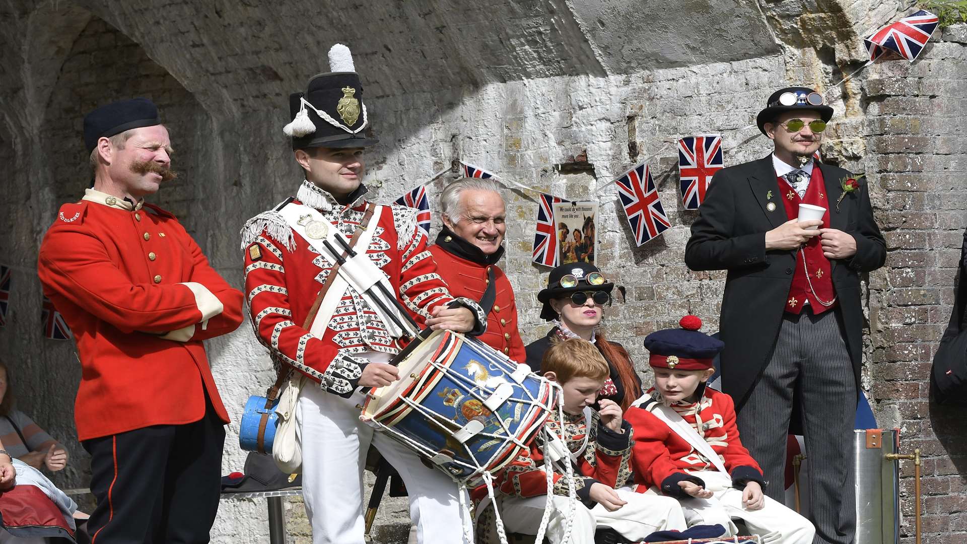 Re-enactors in Napoleonic soldier uniforms