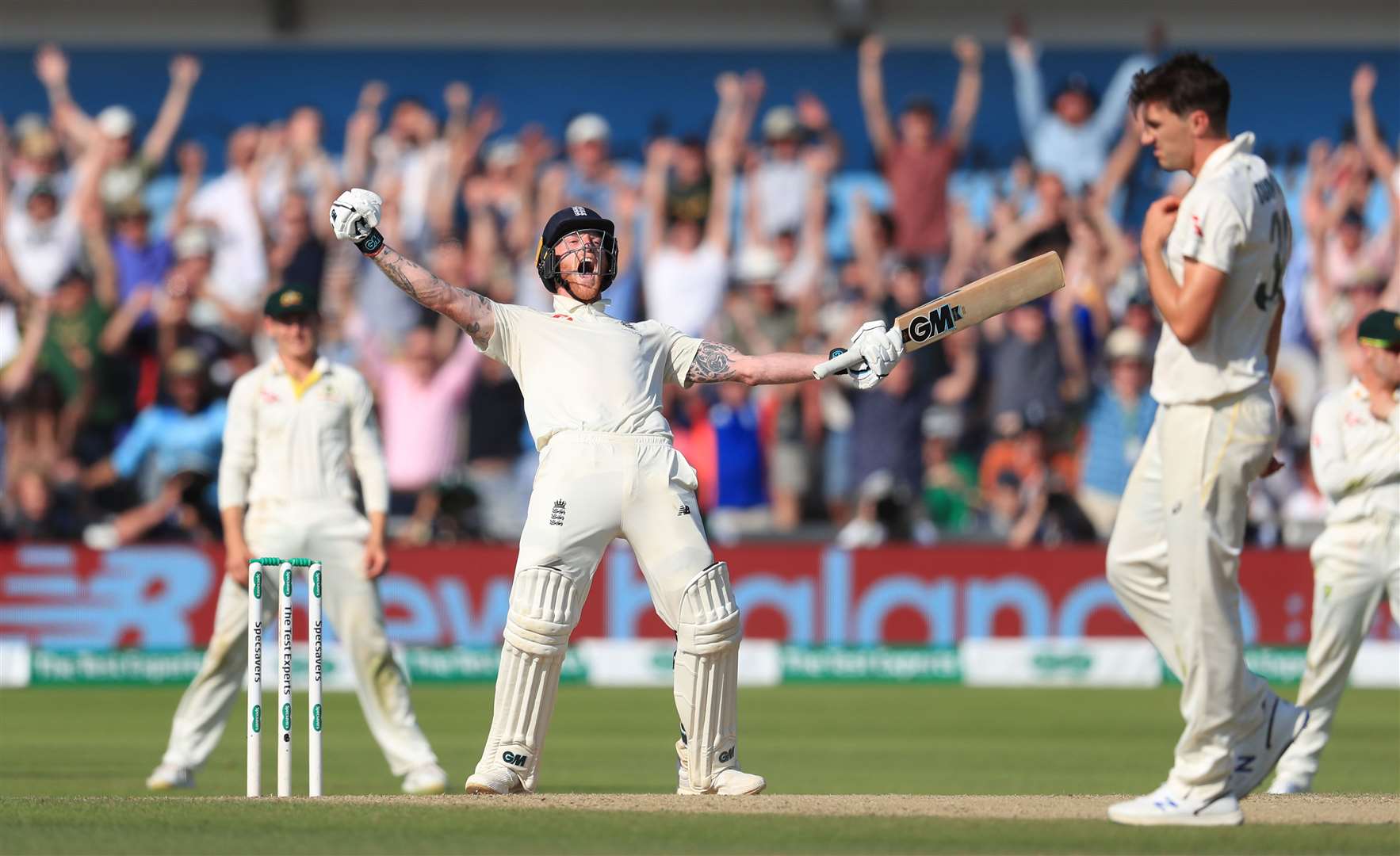 England’s Ben Stokes celebrates winning the third Ashes Test match at Headingley, Leeds. Picture: PA
