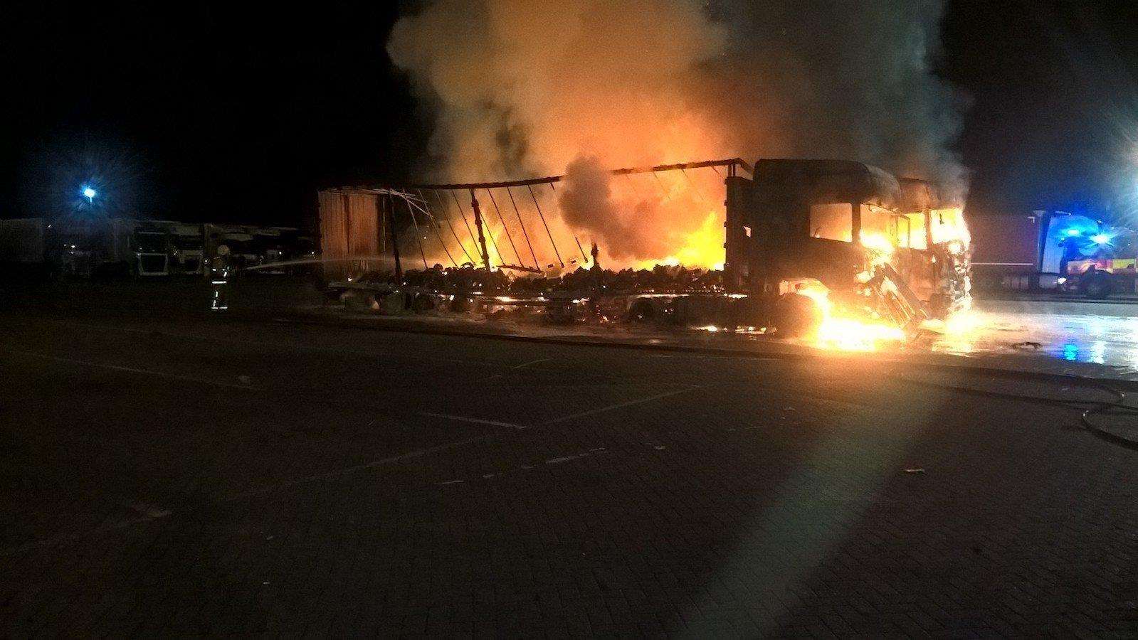 The lorry fire at Ashford International Truckstop. Picture: Kent Fire and Rescue