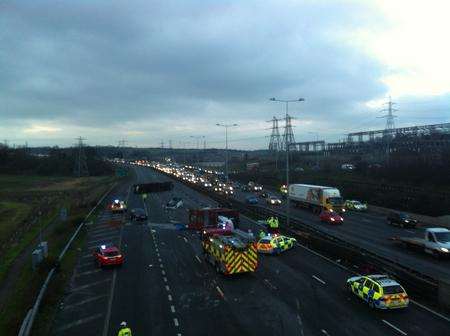 The aftermath of the crash on the A2 in which a transporter overturned.